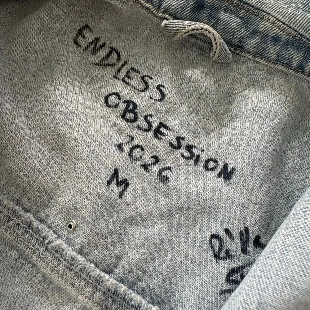 Upcycled Denim Jacket M Angel Cherub Grommet Stud Celestial Punk Boho Retro Blue - Picture 13 of 13